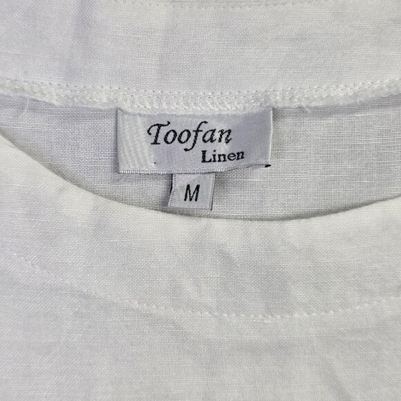Toofan Linen Shirt Women M White Linen 3/4 Sleeve Raw Hem Pocket Boho Minimalist - Picture 3 of 10